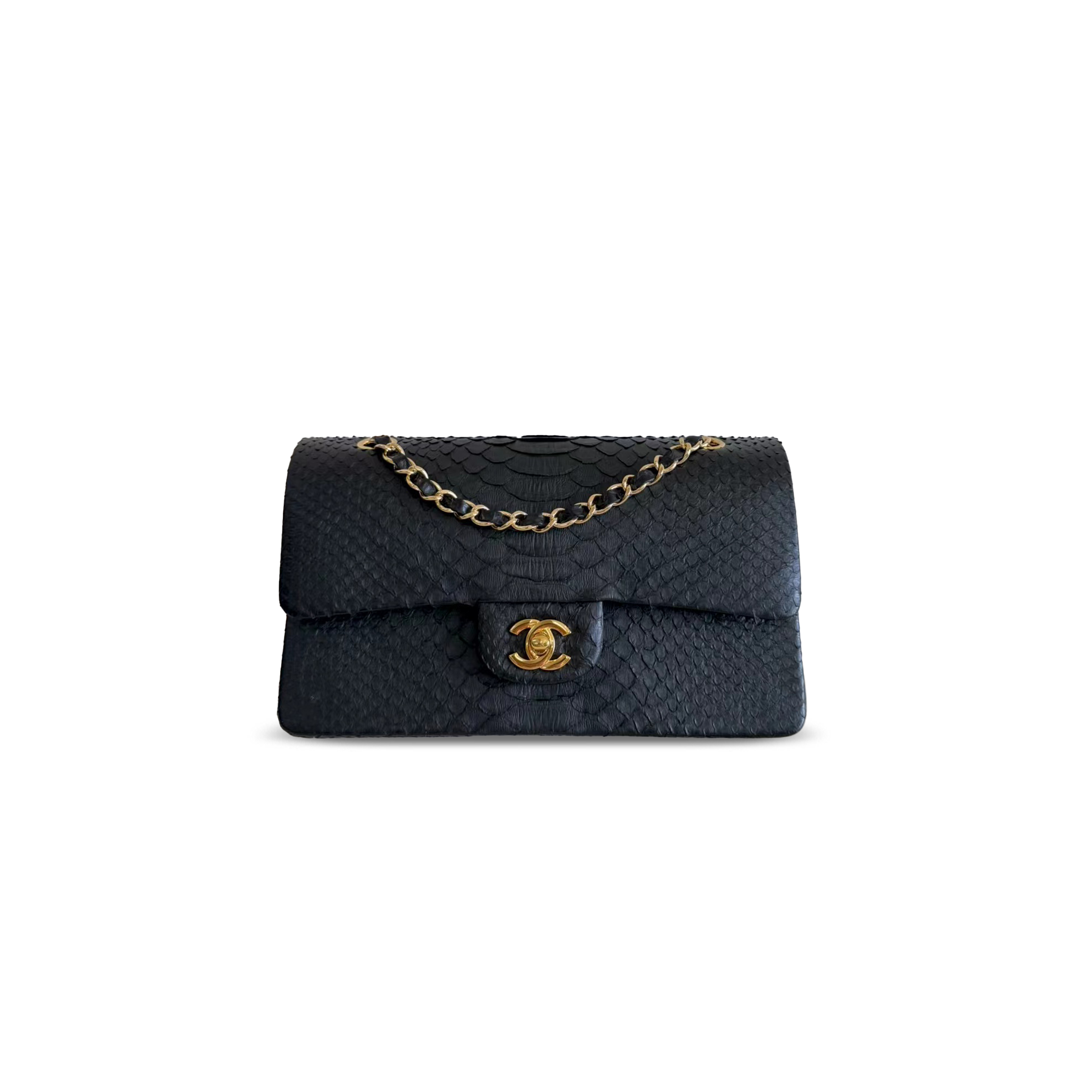 CHANEL MASTER BLACK PYTHON MEDIUM CLASSIC DOUBLE FLAP BRUSHED GOLD HARDWARE 4152760 (25.5*15.5*6.5cm)